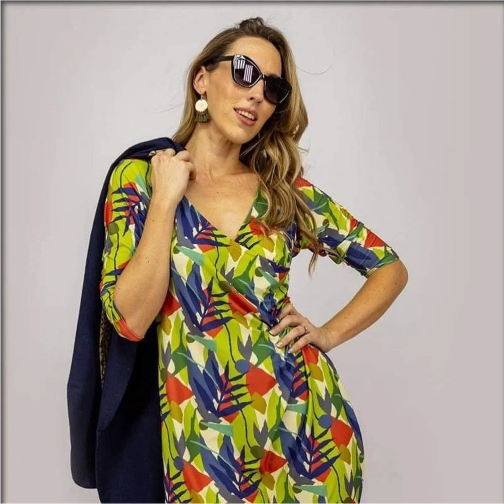 Calypso Nordic Garden Geo‎ Print Faux Wrap Dress Stretch Tropical Resortwear 14